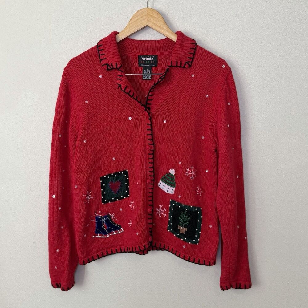 Vtg 90s Designers Originals Red Snowman Cardigan Christmas Sweater Womens S